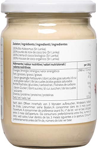 nu3 Crema de coco lista para untar - 450g de puré de coco en tarro de vidrio - 100% orgánico con cocos de Sri Lanka - Cultivo y agricultura ecológica y responsable - Bajo contenido de azúcar