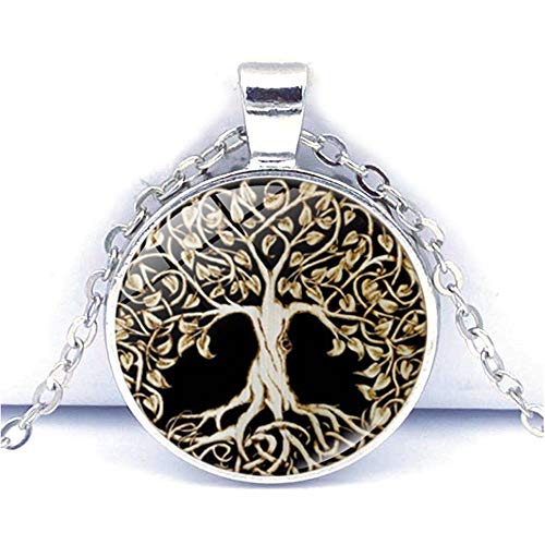 Nuevo retro antiguo árbol de la vida plata negro redondo largo colgante collar con cadena suéter para mujeres niña joyería regalo 45+5 cm
