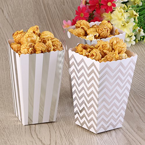 NUOLUX 50pcs Cajas de Palomitas de maíz Amarillo diseño Trio Mini Scalloped Bordado de cartón Partido Caramelo contenedor envases Cajas (Plata)