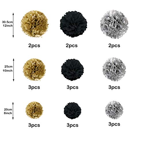 O-Kinee - 24 Pompones de Papel de Seda para decoración de cumpleaños, Bodas, bebés, duchas, Fiestas, decoración Principal y Fiestas, Color Negro, Dorado y Plateado