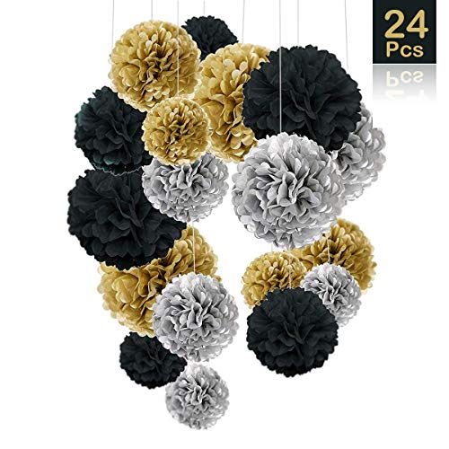 O-Kinee - 24 Pompones de Papel de Seda para decoración de cumpleaños, Bodas, bebés, duchas, Fiestas, decoración Principal y Fiestas, Color Negro, Dorado y Plateado