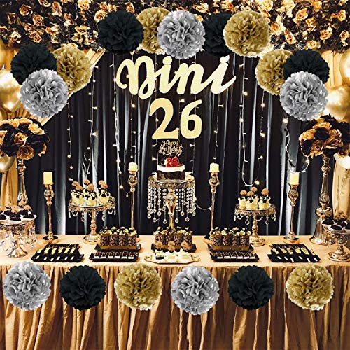 O-Kinee - 24 Pompones de Papel de Seda para decoración de cumpleaños, Bodas, bebés, duchas, Fiestas, decoración Principal y Fiestas, Color Negro, Dorado y Plateado