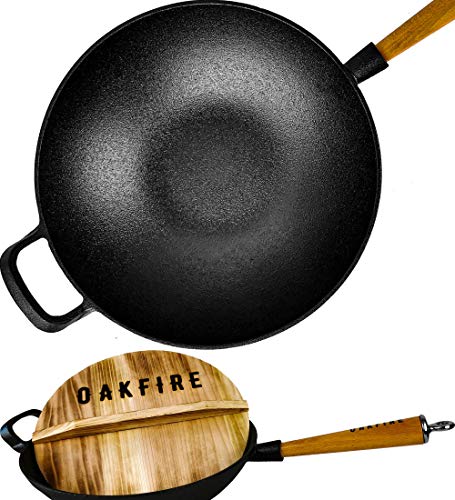 Oakfire - Sartén wok (hierro fundido, 31 cm, tapa de inducción, mango de madera)