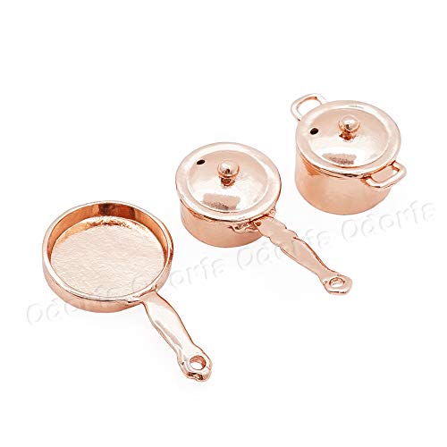 Odoria 1/12 Miniatura 3PZ Batería de Cocina Cobre Cazo Sartén y Cacerola Cocina Accesorio para Casa de Muñecas