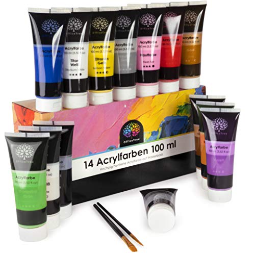 OfficeTree Acrilicos para Pintar 14 Tubos de 100 ml - Base de Agua - Kit Pintura Acrilica - Secado Rápido