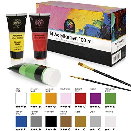 OfficeTree Acrilicos para Pintar 14 Tubos de 100 ml - Base de Agua - Kit Pintura Acrilica - Secado Rápido