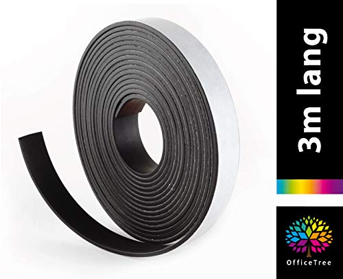 OfficeTree Cinta Magnetica Adhesiva 3 m - Tira de Iman para la imantación Fija de Carteles, Fotos, Papeles - Adherencia Extra Fuerte sobre Pizarra Blanca, Pizarra Magnética - Negro