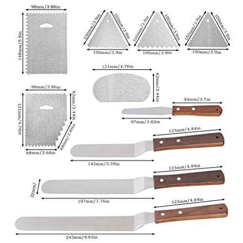 OFNMY Kit de 10pcs Espátulas Reposteria - 4pcs Espátulas para glaseados de 430 Acero Inoxidable + 6pcs Cortadores Tamanos Diferrente para Glaseado de Pasteles, Pasteles, Magdalenas y glaseado