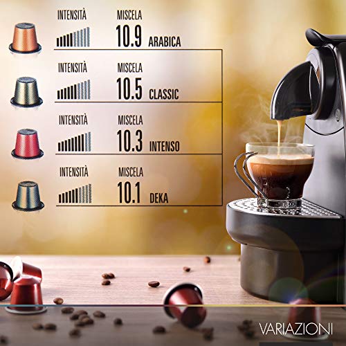 ONCAFFÉ CAPSULAS NESPRESSO COMPATIBLES, Hecho en Italia, Surtido de 80 unidades, 4 sabores 20 Intenso, 20 Descafeinado, 20 Clásico y 20 Arabica, maquinas Nespresso, la calidad que buscas