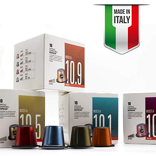 ONCAFFÉ CAPSULAS NESPRESSO COMPATIBLES, Hecho en Italia, Surtido de 80 unidades, 4 sabores 20 Intenso, 20 Descafeinado, 20 Clásico y 20 Arabica, maquinas Nespresso, la calidad que buscas