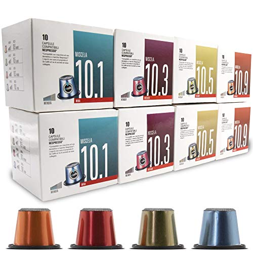 ONCAFFÉ CAPSULAS NESPRESSO COMPATIBLES, Hecho en Italia, Surtido de 80 unidades, 4 sabores 20 Intenso, 20 Descafeinado, 20 Clásico y 20 Arabica, maquinas Nespresso, la calidad que buscas