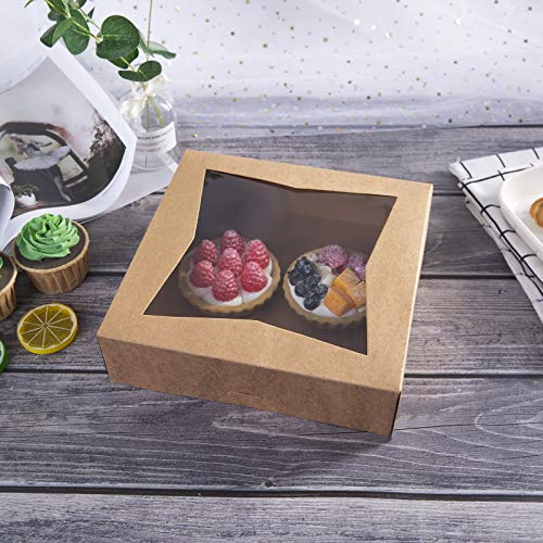 One More cajas de panadería para galletas de 9 pulgadas, cajas de papel kraft grandes para tartas con ventana de emergencia, caja de pasteles desechables de 9 x 9 x 2.5 pulgadas, paquete de 15