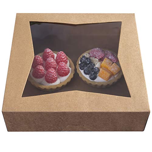 One More cajas de panadería para galletas de 9 pulgadas, cajas de papel kraft grandes para tartas con ventana de emergencia, caja de pasteles desechables de 9 x 9 x 2.5 pulgadas, paquete de 15