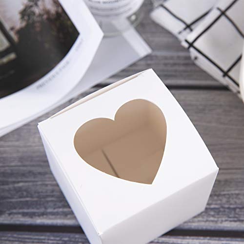 One More - Cajas para magdalenas pequeñas de 3 pulgadas con forma de corazón y ventana sin asa, caja pequeña para cupcakes, contenedores individuales, 3 x 3 x 3 pulgadas, paquete de 24