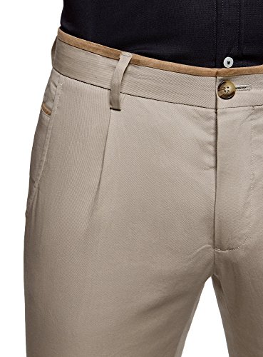 oodji Ultra Hombre Pantalones de Algodón con Acabado en Contraste, Beige, 40