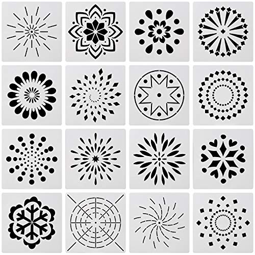 OOTSR 16 piezas conjunto de plantillas de mandala, Plantilla de pintura plástica hueca para pintar sobre madera, piedra, tela, aerógrafo y arte de paredes (5,12 pulgadas)