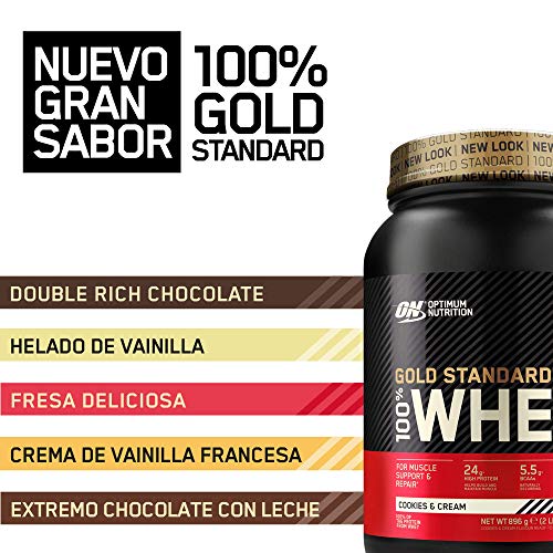 Optimum Nutrition ON Gold Standard 100% Whey Proteína en Polvo Suplementos Deportivos, Glutamina y Aminoacidos, BCAA, Galletas y Crema, 29 porciones, 900g, Embalaje puede variar