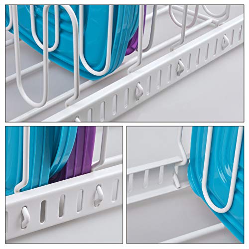 Organizador de Tapa de Contenedor de Alimentos de Color Blanco y Soporte de Tapa de Metal Ajustable para 6 Divisores, Organizador de Tapa de Almacenamiento para Armarios, Alacenas, Estante