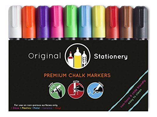 Original Stationery Marcadores de tiza líquida- Rotuladores Tizas Para vidrio, plástico, pizarra - No tóxico y fácil de limpiar - 10 colores - Material escolar