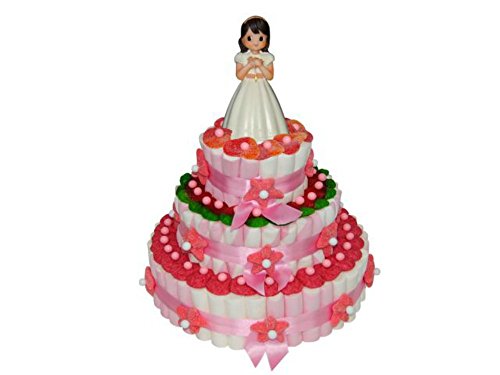 Original Tarta Decorativa de Golosinas Surtidas "Figura Niña Comunión" 3 Bases. Juguetes y Regalos Baratos para Fiestas de Cumpleaños, Bodas, Bautizos, Comuniones y Eventos.        