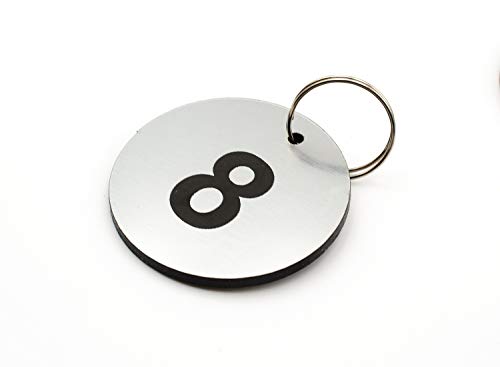 OriginDesigned - Llaveros circulares acrílicos en tono plateado numerados del 1 al 10, con números grabados en negro, para hoteles, casas de huéspedes, B&B, empresa