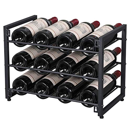 OROPY Estante de Vino de Metal, Botelleros de pie, Decoraciones para el hogar Vintage de Estilo Industrial de 3 Niveles para gabinetes/armarios/encimeras, 12 Botellas Negro