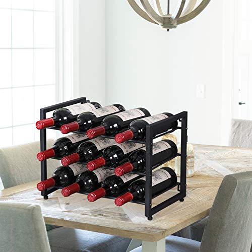 OROPY Estante de Vino de Metal, Botelleros de pie, Decoraciones para el hogar Vintage de Estilo Industrial de 3 Niveles para gabinetes/armarios/encimeras, 12 Botellas Negro