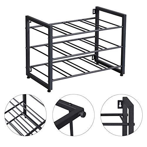 OROPY Estante de Vino de Metal, Botelleros de pie, Decoraciones para el hogar Vintage de Estilo Industrial de 3 Niveles para gabinetes/armarios/encimeras, 12 Botellas Negro
