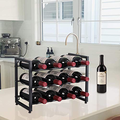 OROPY Estante de Vino de Metal, Botelleros de pie, Decoraciones para el hogar Vintage de Estilo Industrial de 3 Niveles para gabinetes/armarios/encimeras, 12 Botellas Negro
