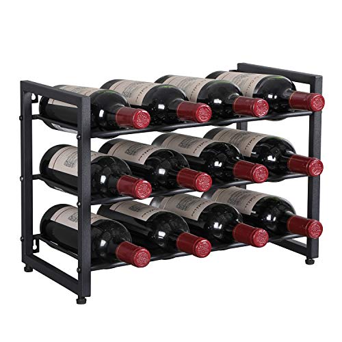 OROPY Estante de Vino de Metal, Botelleros de pie, Decoraciones para el hogar Vintage de Estilo Industrial de 3 Niveles para gabinetes/armarios/encimeras, 12 Botellas Negro