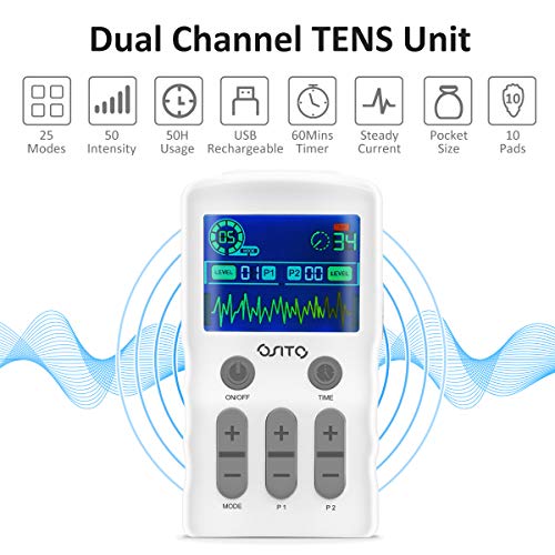 OSITO Electroestimulador TENS, Electroestimulador Digital con 25 Modos, 4 Electrodos, Electroestimulador Muscular para Aliviar el Dolor, Masajes, Estimulación Muscular y Relajación - Recargable