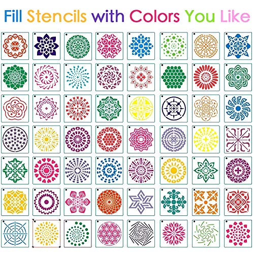 Outivity 56 Piezas Mandala Stencils para Pintar sobre Madera, Roca, Telas, Metal, Muebles y Paredes - Flexible y Reutilizable (9x9 cm)