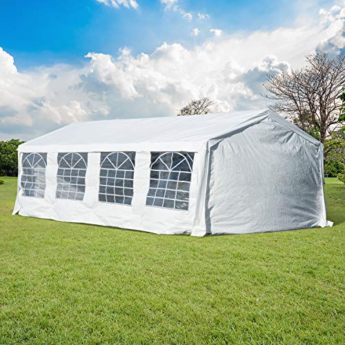 Outsunny Carpa de Jardín Cochera Gazebo 8x4m Pergola Cenador Pabellón 4 Paneles Laterales 8 Ventanas para Fiesta Eventos Bodas Acero PE Blanco