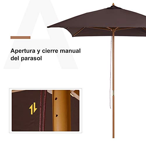 Outsunny Sombrilla Parasol 2x3m y Altura 2,55m Jardin Terraza Poliester 180g/m2 y Madera Color Chocolate