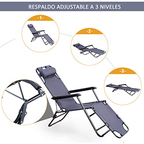 Outsunny Tumbona Inclinable Acero Plegable con Almohada Playa Camping Piscina Hamaca 178x60x29cm Gris