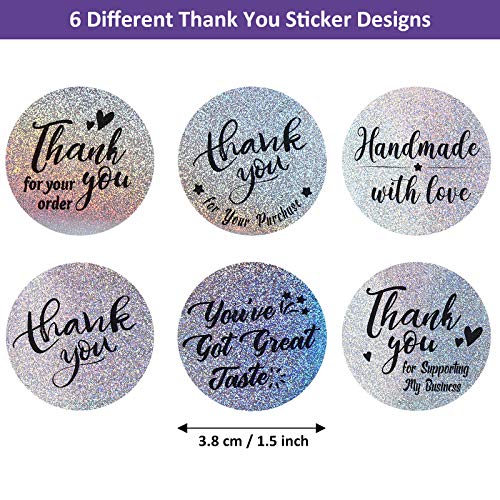 Outus 600 Pegatinas de Rollo de Thank You de 1,5 Pulgadas Pegatinas Etiqueta Comercial de Plata Brillante Holográfica Pegatinas Holo Arcoíris Adhesivas Brillantes
