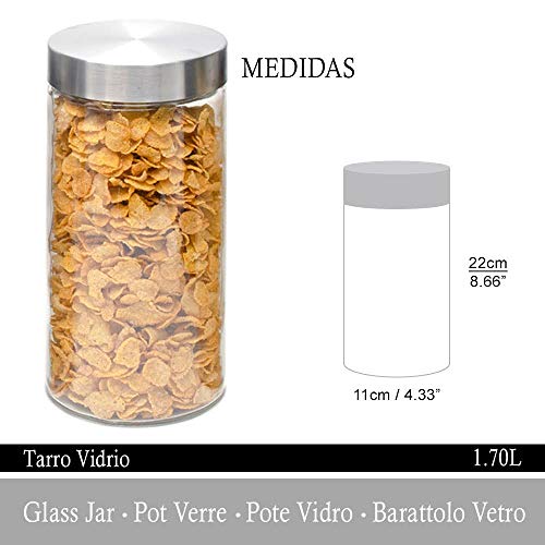 OUXI T4 PCS Tarros De Cristal con Tapa De Acero Inoxidable, 1.7LBotes Recipientes para Alimentos Hermeticos De Vidrio para Cocina, Almacenaje De Legumbres, Galletas, Espaguetis (4 Botes, 1.70 LT)