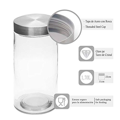 OUXI T4 PCS Tarros De Cristal con Tapa De Acero Inoxidable, 1.7LBotes Recipientes para Alimentos Hermeticos De Vidrio para Cocina, Almacenaje De Legumbres, Galletas, Espaguetis (4 Botes, 1.70 LT)