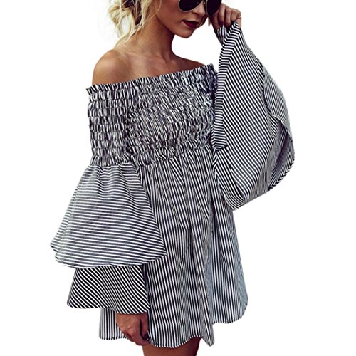 Overdose Vestido De Manga Larga Las Mujeres del Partido Ocasional La Raya Hombro SeñOras Slash Cuello Bohemio Flojo (XXXL, Negro)