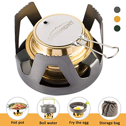 Overmont Mini Estufa de alcohol de cobre, hornillos de acampada con soporte de aleación de aluminio cortavientos portátil color Oro /Gris /Verde de Oliva