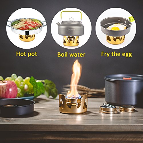 Overmont Mini Estufa de alcohol de cobre, hornillos de acampada con soporte de aleación de aluminio cortavientos portátil color Oro /Gris /Verde de Oliva