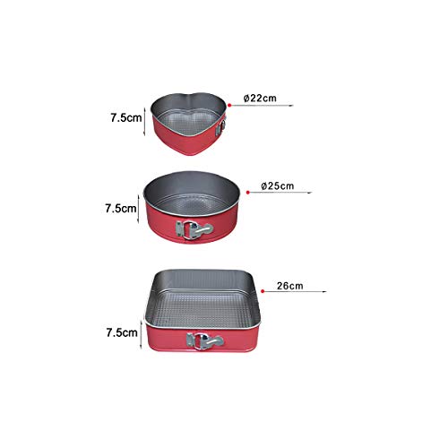 Pack de 3 piezas de moldes de Horno Desmontable con Capa Antiadherente, color ROJO. (22x7,5cm/25x7,5cm/26x7,5cm) REDONDO, CUADRADO Y FORMA DE CORAZÓN. Teflón.