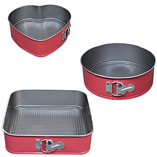 Pack de 3 piezas de moldes de Horno Desmontable con Capa Antiadherente, color ROJO. (22x7,5cm/25x7,5cm/26x7,5cm) REDONDO, CUADRADO Y FORMA DE CORAZÓN. Teflón.