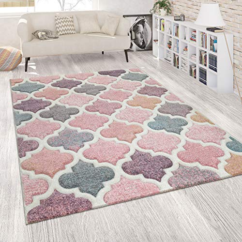 Paco Home Alfombra Orient Rosa Color de Rosa Salón Colores Pastel Diseño marroquí Apilamiento Corto, tamaño:160x230 cm