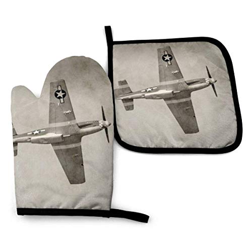 Pag Crane Juego de Manoplas y Porta ollas para Horno de avión de la Segunda Guerra Mundial, esteras para mostrador de Cocina, Guantes para Horno Resistentes al Calor, Parrilla (Juego de 2 Piezas)