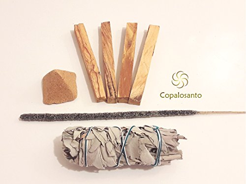 Palo Santo (4 Sticks 25-32 Gr.) + Atado Salvia Blanca (12 cm 25-30 Gr.) + Incienso Copal México (2 a 3 Horas de duración) + Piramide de Palosanto (serrín y Resina de palosanto)