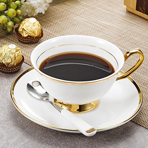 Panbado Juego de Tazas de Café de China de Hueso, 200ml, Taza de Café de Porcelana Blanca y Translúcida Vajilla de Té para Hogar, Oficina, Restaurante, Regalo para Cumpleaños, Festival - Borde Dorado