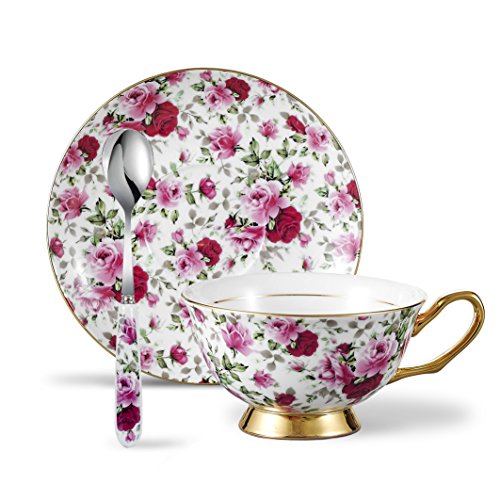 Panbado Juego de Tazas Florales de Café de China de Hueso, 200ml, Juegos de Café de Porcelana Blanca y Translúcida Vajillas de Té para Hogar, Oficina, Restaurante, Regalo para Cumpleaños, Festival
