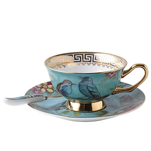 Panbado Tazas de Café de China de Hueso, 200ml, Juego de Café de Porcelana Blanca y Translúcida Tazas de Té para Hogar, Oficina, Restaurante, Regalo para Cumpleaños, Festival - Flores y Pájaros, Azúl