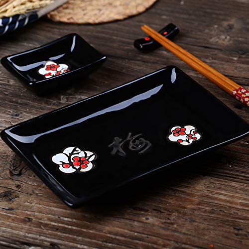 Panbado Vajilla de Sushi de Cerámica 8 Piezas para 2 Personas Juegos de Sushi de Porcelana Estilo Japonés, 2 Platos, 2 Platillos de Salsa, 2 Soportes de Palillos, 2 Pares de Palillos - Rojo y Negro